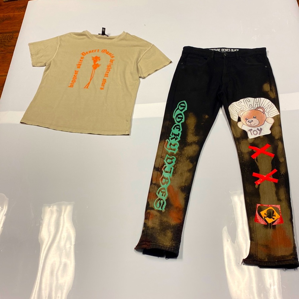 A pair of pants and a size M shirt